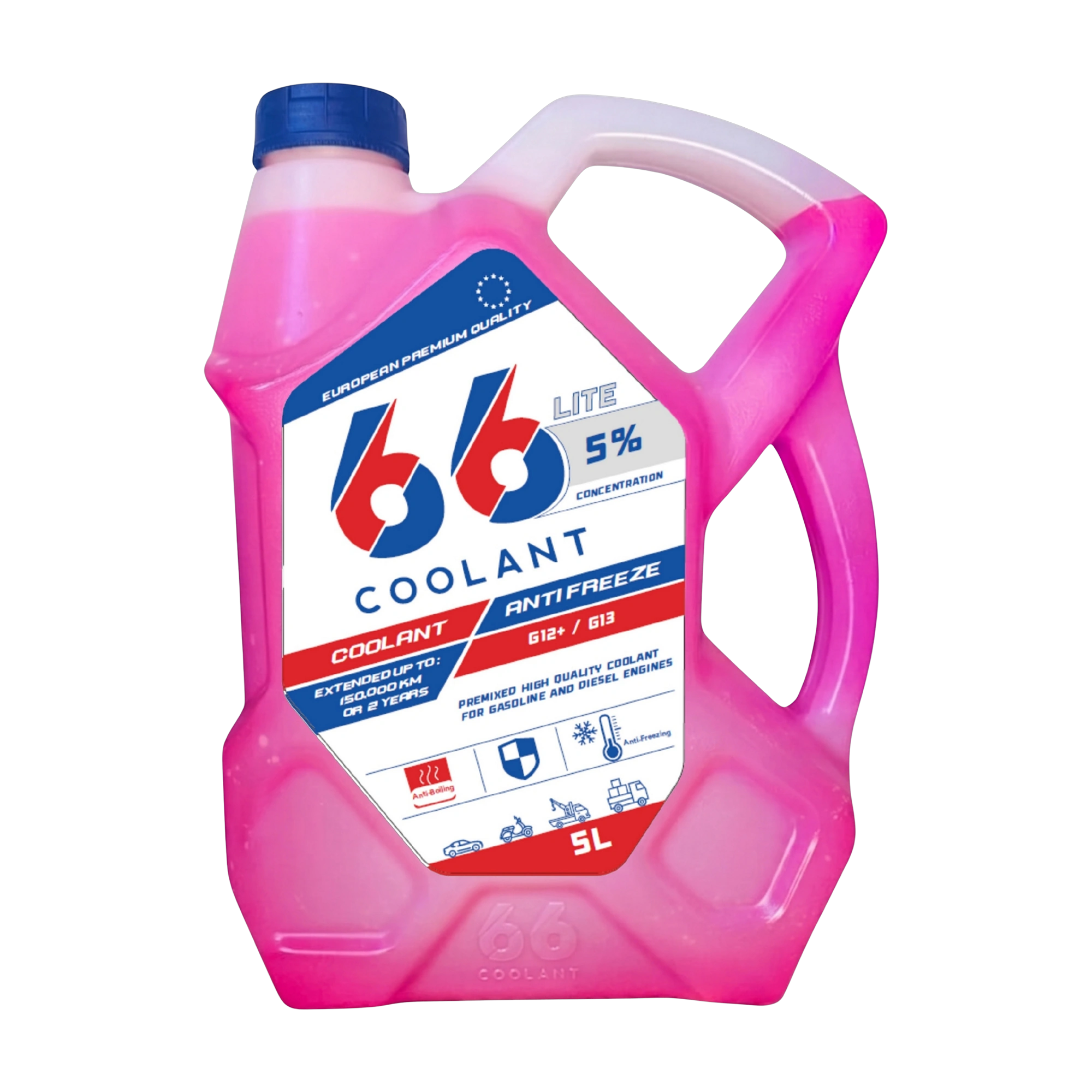 66-COOLANT-LITE-5-RED-5L-FRONT مياه رادياتير 66 لايت تركيز 5% لون أحمر جاهزة للاستخدام عبوة 5 لتر لمحركات البنزين والديزل